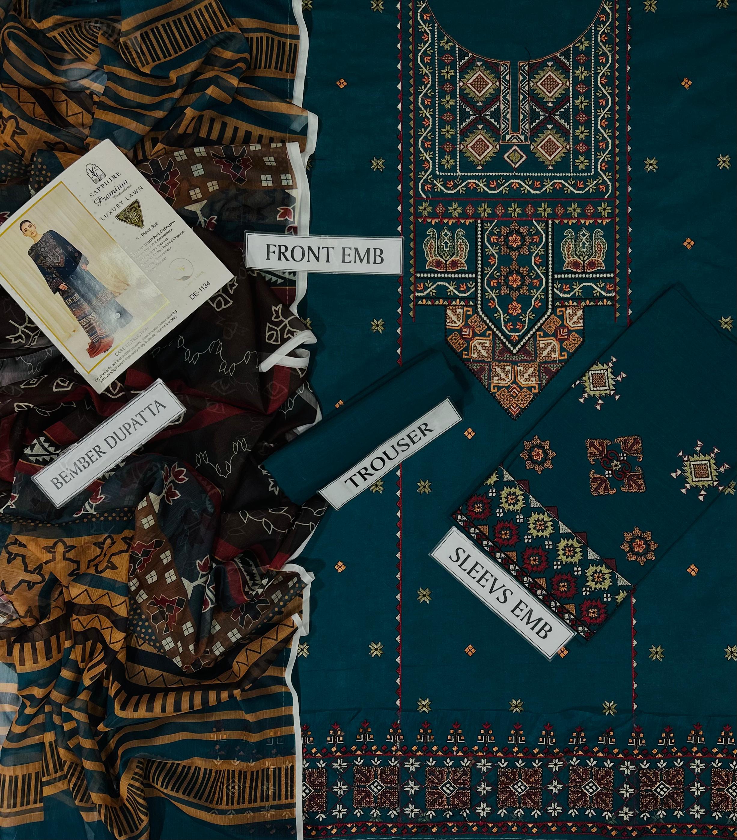 SAPPHIRE 3PC EMBROIDERY LWAN (N.F)