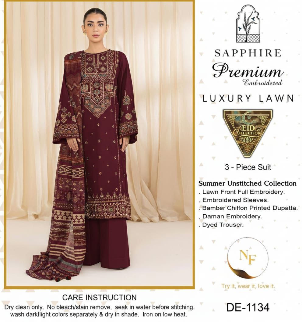 SAPPHIRE 3PC EMBROIDERY LWAN (N.F)